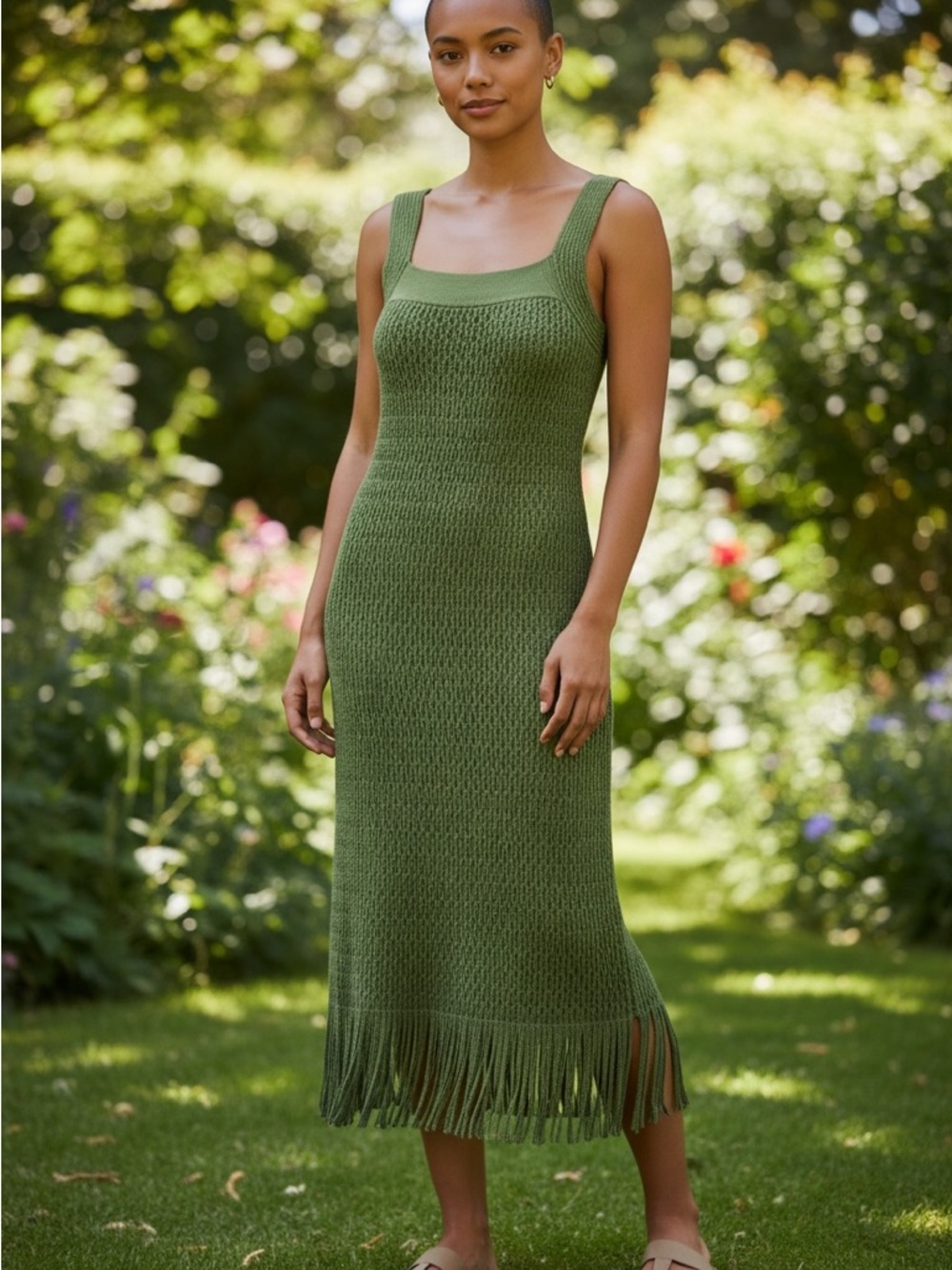 SimKhai Lyria Sleeveless kiwi Knit Fringe Mini Dress